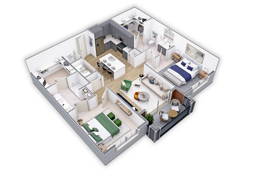 Floor plan for 2 beds, 2 baths, 1080 sqft